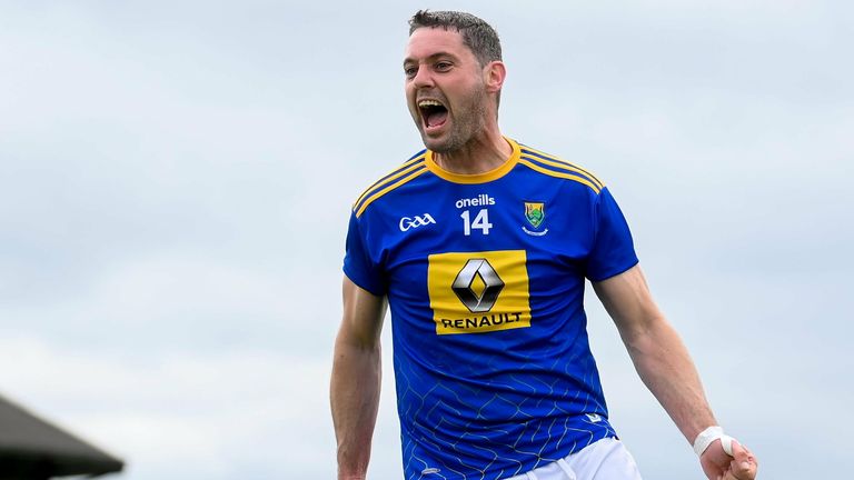 Seanie Furlong of Wicklow celebrates after scoring his side's third goal from the penalty spot