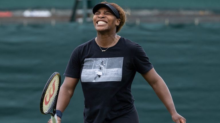 USA&#39;s Serena Williams reacts, during a practice session, ahead of the Wimbledon Tennis Championships, in London, Sunday, June 27, 2021.