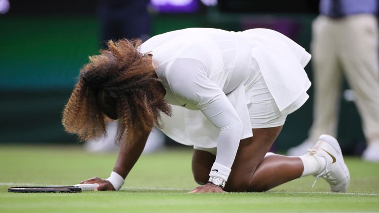 Serena Williams of United States of America falls down on the court during the Ladies&#39; singles first round of the Championships, Wimbledon against Aliaksandra Sasnovich of Belarus at the All England Lawn Tennis and Croquet Club in London, United Kingdom on June 29, 2021.