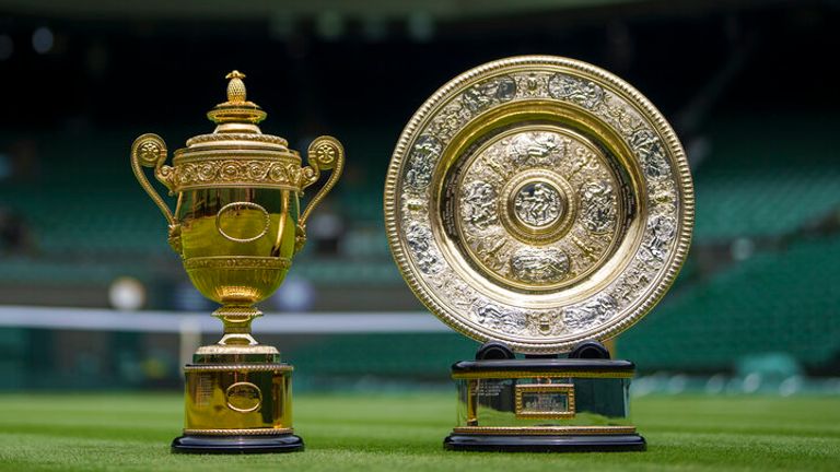 The Venus Rosewater Dish - the Ladies' Singles Trophy, and the Gentlemen's Singles Trophy, during the presentation to the media ahead of The Championships 2021. Held at The All England Lawn Tennis Club, Wimbledon. Day -2 Saturday 26/06/2021. Credit: AELTC/Thomas Lovelock.
