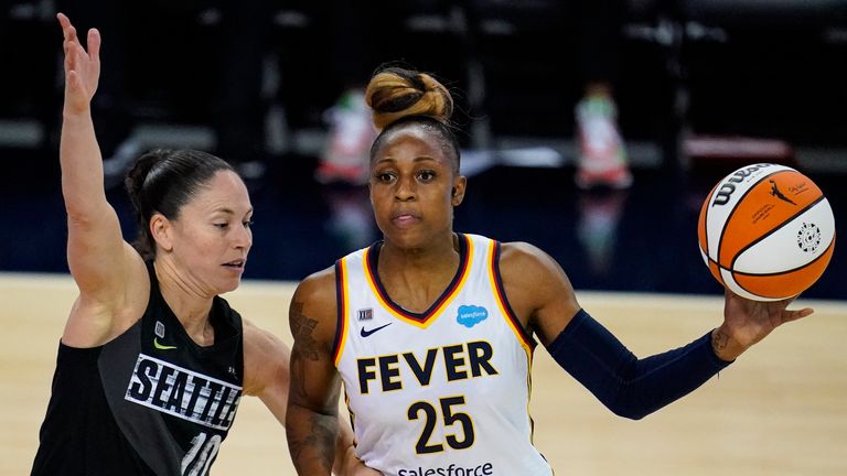 Indiana Fever guard Tiffany Mitchell, right, drives on Seattle Storm guard Sue Bird during the first half of a WNBA basketball game in Indianapolis, Tuesday, June 15, 2021.