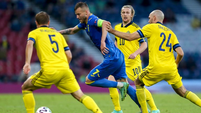 Andriy Yarmolenko dribbles away from Sweden's defenders