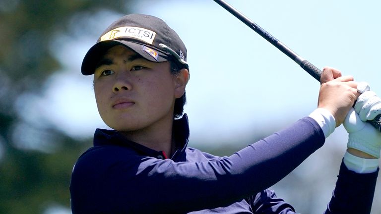 Yuka Saso, of the Philippines, plays her shot from the 10th tee during the final round of the U.S. Women's Open golf tournament at The Olympic Club, Sunday, June 6, 2021, in San Francisco. (AP Photo/Jeff Chiu)