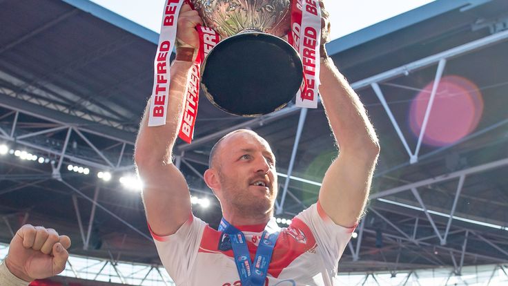 Picture by Allan McKenzie/SWpix.com - 17/07/2021 - Rugby League - Betfred Challenge Cup Final - Castleford Tigers v St Helens - Wembley Stadium, London, England - St Helens's captain James Roby is carried on the shoulders of Louie McCarthy-Scarsbrook & Kyle Amor with the Betfred Challenge Cup.