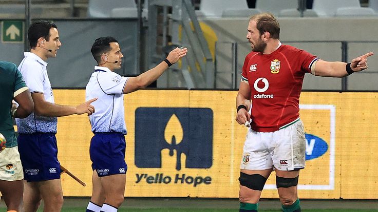 CAPE TOWN, SOUTH AFRICA - JULY 24: Alun Wyn Jones, (R) the British & Irish Lions captain talks to referee Nic Berry during the 1st Test match between the South Africa Springboks and the British & Irish Lions at Cape Town Stadium on July 24, 2021 in Cape Town, South Africa. (Photo by David Rogers/Getty Images)
