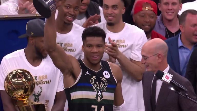 Giannis Antetokounmpo Milwaukee Bucks Unsigned 2021 Bill Russell NBA Finals MVP Celebration Photograph