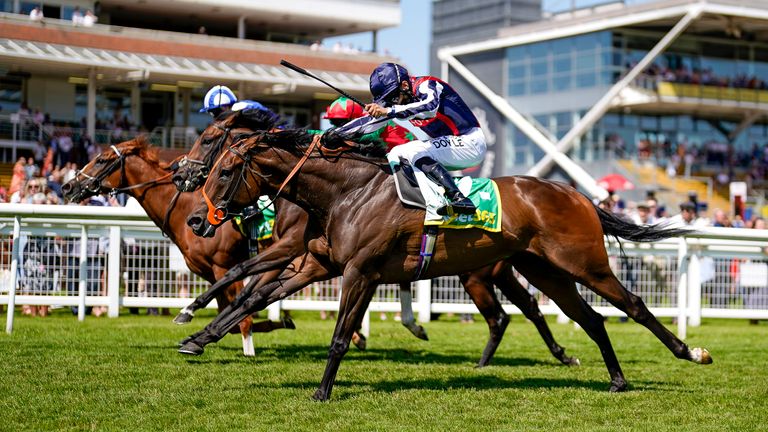 Sean Levey riding Happy Romance (dark blue cap) wins The bet365 Hackwood Stakes 