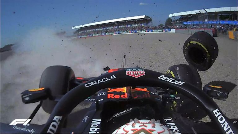 Watch the incident between Max Verstappen and Lewis Hamilton which sent the Red Bull into the barriers on the opening lap of the British GP