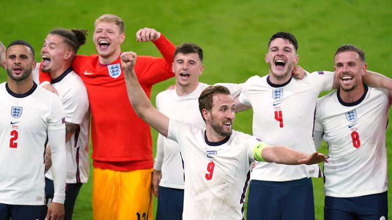 PA - England celebrate at full-time versus Denmark