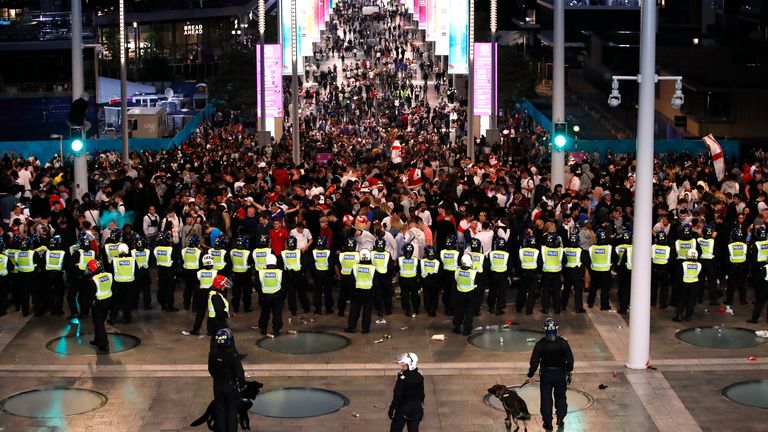 Police and fans outside Wembley for the Euro 2020 final