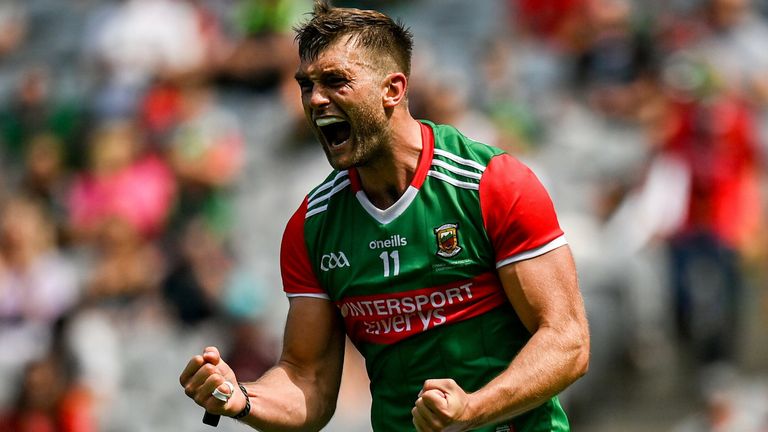 25 July 2021; Aidan O'Shea of Mayo celebrates the awarding of a penalty during the Connacht GAA Senior Football Championship Final match between Galway and Mayo at Croke Park in Dublin. Photo by Harry Murphy/Sportsfile