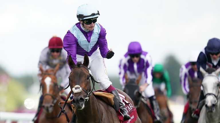 Oisin Murphy celebrates as Alcohol Free crosses the line in front in the Sussex Stakes