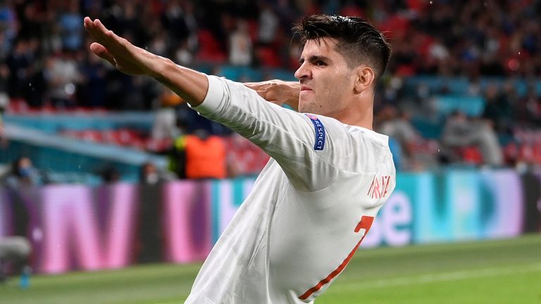 Spain's Alvaro Morata celebrates after scoring against Italy