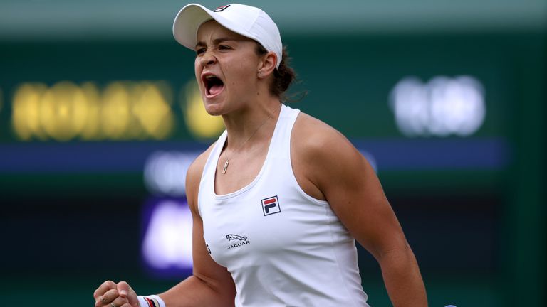Ashleigh Barty celebrates her win against Barbora Krejcikova in the Round of 16 Women's Singles on day seven of Wimbledon at The All England Lawn Tennis and Croquet Club, Wimbledon. Picture date: Monday July 5, 2021.