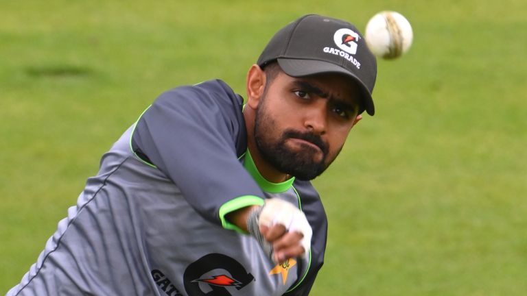 CARDIFF, WALES - JULY 07: Pakistan batsman Babar Azam in fielding action during nets ahead of the 1st ODI between England and Pakistan at Sophia Gardens on July 07, 2021 in Cardiff, Wales. (Photo by Stu Forster/Getty Images)