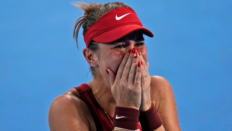 An emotional Belinda Bencic reacts after booking her place in the women's singles final (AP)