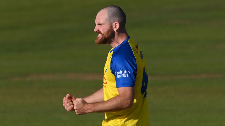 CHESTER-LE-STREET, ENGLAND - JUNE 15: Durham bowler Ben Raine celebrates during the Vitality T20 Blast match between Durham Cricket and Notts Outlaws at Emirates Riverside on June 15, 2021 in Chester-le-Street, England. (Photo by Stu Forster/Getty Images)