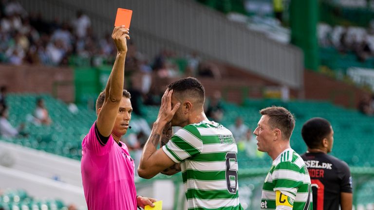 Nir Bitton is red carded during a Champions League qualifier between Celtic and FC Midtjylland at Celtic Park