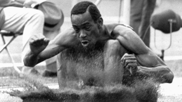 Beamon was not happy with his landing despite a world record long jump of 8.90 meters on his first attempt in the final at the 1968 Olympics.