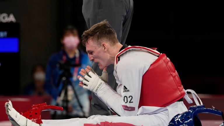 Bradly Sinden reacts after losing in the final of the men&#39;s -68kg taekwondo at Tokyo 2020