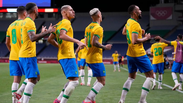 Matheus Cunha, far right, celebrates scoring the winning goal against Egypt