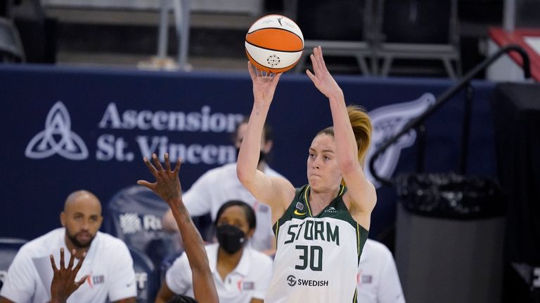 Seattle Storm&#39;s Breanna Stewart shoots in a WNBA basketball game,