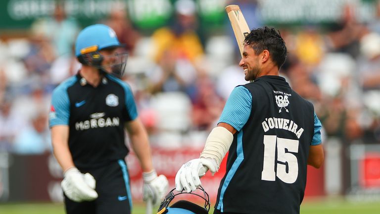 CHELMSFORD, ENGLAND - JULY 29: Brett D'Oliveira of Worcestershire celebrates after reaching a century during the Royal London Cup match between Essex and Worcestershire at Cloudfm County Ground on July 29, 2021 in Chelmsford, England. (Photo by Jacques Feeney/Getty Images)