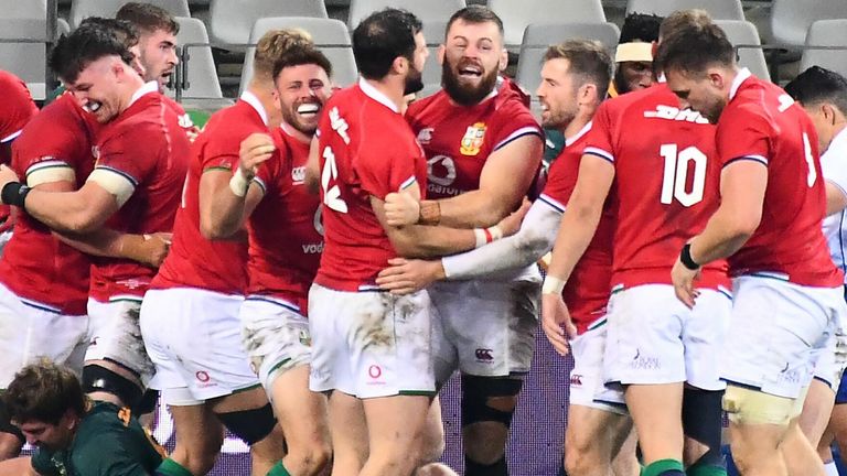 The Lions celebrate Luke Cowan-Dickie's try early in the second half of the first Test vs South Africa