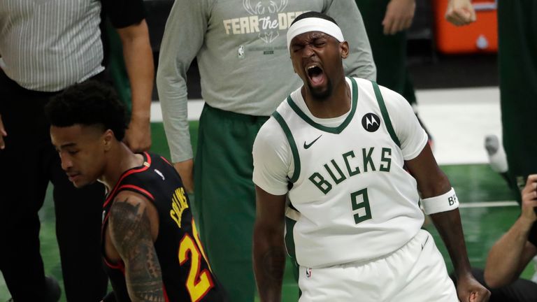 Milwaukee Bucks&#39; Bobby Portis reacts after dunking during the first half of Game 5 of the NBA Eastern Conference Finals against the Atlanta Hawks