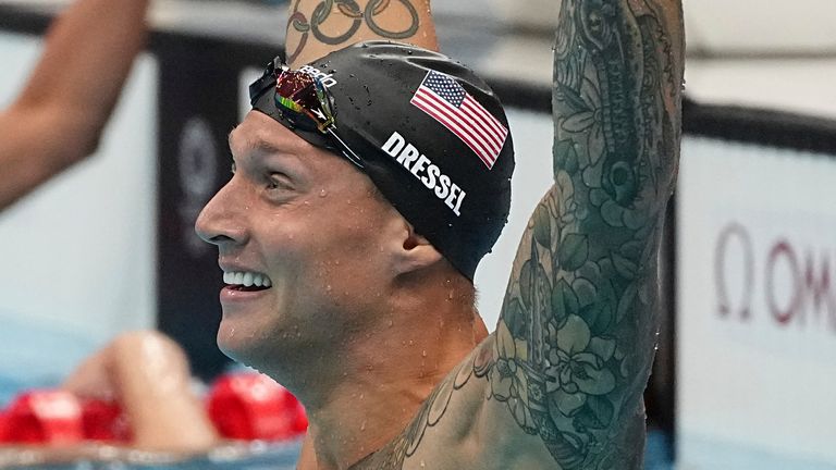 Caeleb Dressel of the United States reacts after winning the men's 100m freestyle final