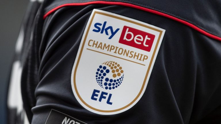 The official Sky Bet EFL Championship badge on the sleeve of a player above the anti racist slogan  ...NOT TODAY OR ANY DAY... during the Sky Bet Championship match between Huddersfield Town and Brentford at John Smith&#39;s Stadium on April 3, 2021 in Huddersfield, England
