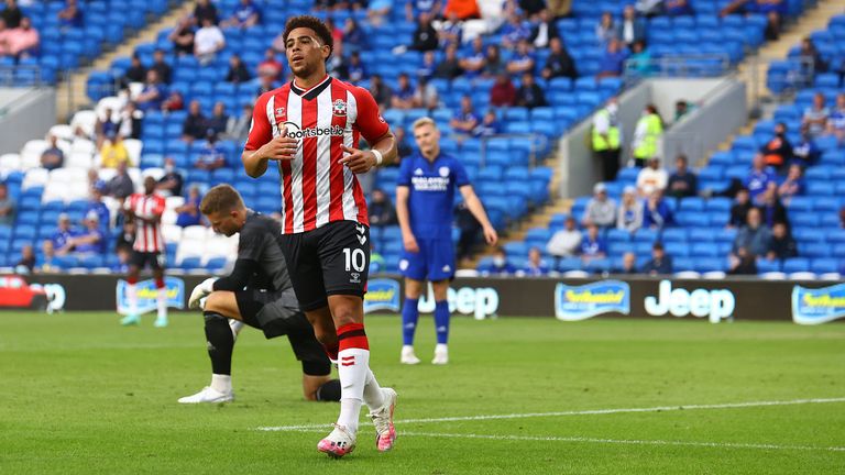 Che Adams was at the double as Southampton strolled to a 4-0 win at Cardiff