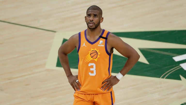 Phoenix Suns' Chris Paul during the second half of Game 4 of basketball's NBA Finals against the Milwaukee Bucks Wednesday, July 14, 2021, in Milwaukee. (AP Photo/Aaron Gash)
