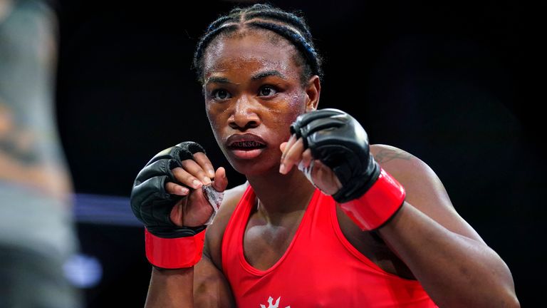 Claressa Shields faces off with Brittney Elkin during a Professional Fighters League mixed martial arts bout. (AP Photo/Matt Rourke)
