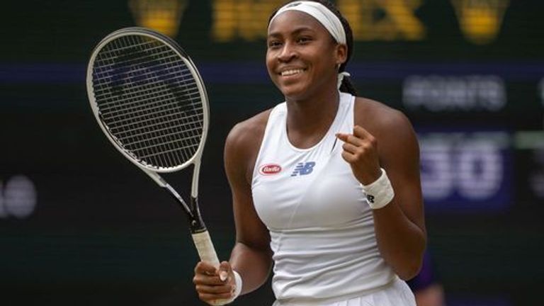 Coco Gauff celebrates her victory against Kaja Juvan in the third round of the Ladies&#39; Singles on day six of Wimbledon at The All England Lawn Tennis and Croquet Club, Wimbledon. Picture date: Saturday July 3, 2021.