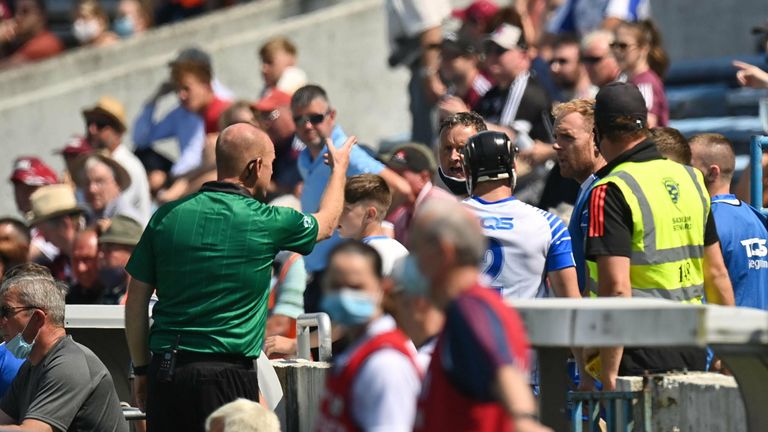 24 July 2021; Conor Gleeson of Waterford is sent off by referee Sean Stack as he comes out for the second half during the GAA Hurling All-Ireland Senior Championship Round 2 match between Waterford and Galway at Semple Stadium in Thurles, Tipperary. Photo by Harry Murphy/Sportsfile