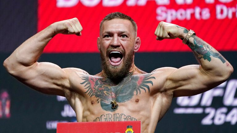 Conor McGregor poses during a ceremonial weigh-in for a UFC 264 mixed martial arts bout Friday, July 9, 2021, in Las Vegas. McGregor is scheduled to fight Dustin Poirier in a lightweight bout Saturday in Las Vegas (AP Photo/John Locher)