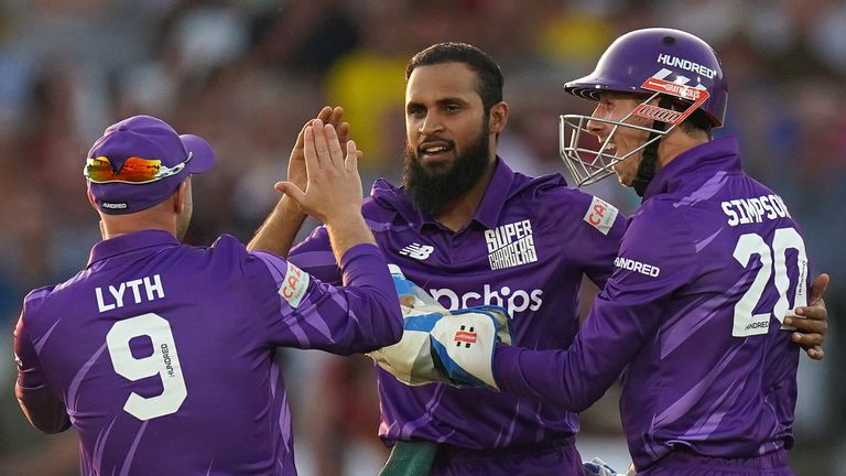 Adil Rashid (C) of Northern Superchargers celebrates a wicket with team-mates Adam Lyth (L) and John Simpson (PA Images)