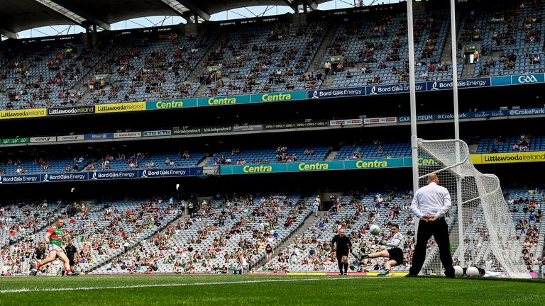 25 July 2021; Ryan O'Donoghue of Mayo shoots to score his side's first goal from a penalty during the Connacht GAA Senior Football Championship Final match between Galway and Mayo at Croke Park in Dublin. Photo by Harry Murphy/Sportsfile