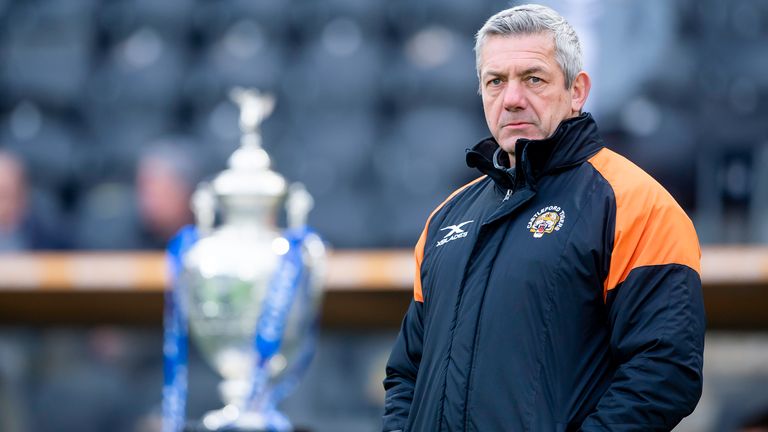 Picture by Allan McKenzie/SWpix.com - 10/05/2019 - Rugby League - Coral Challenge Cup - Hull FC v Castleford Tigers - KC Stadium, Kingston upon Hull, England - Castleford coach Daryl Powell with the Coral Challenge Cup in the background.