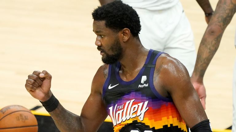 Phoenix Suns center Deandre Ayton reacts during the first half of Game 2