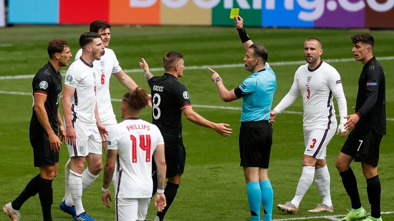 Declan Rice is cautioned during England's 2-0 victory against Germany