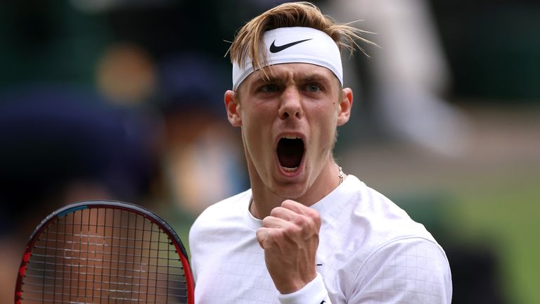 Denis Shapovalov celebrates a break point against Novak Djokovic in the semi final match on centre court on day eleven of Wimbledon at The All England Lawn Tennis and Croquet Club, Wimbledon. Picture date: Friday July 9, 2021.