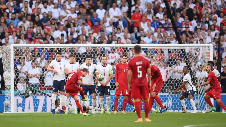 Pickford loses sight of the ball at the moment Damsgaard makes contact