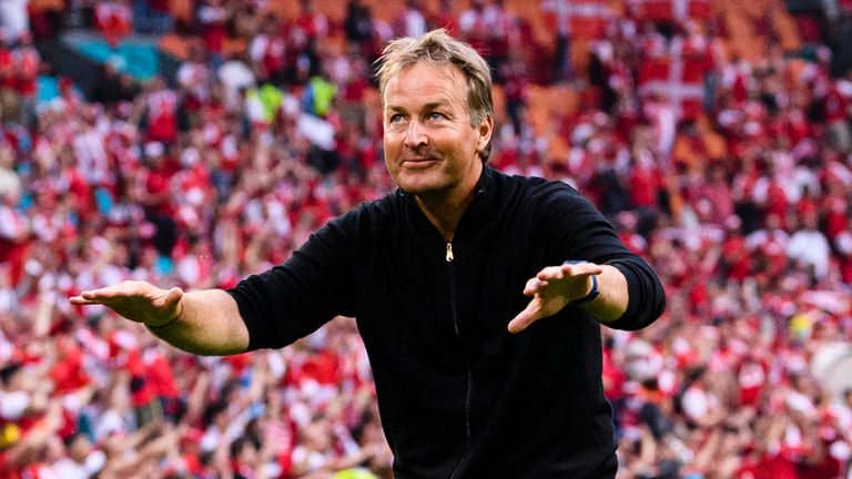 Denmark's head coach Kasper Hjulmand salutes their fans at Euro 2020