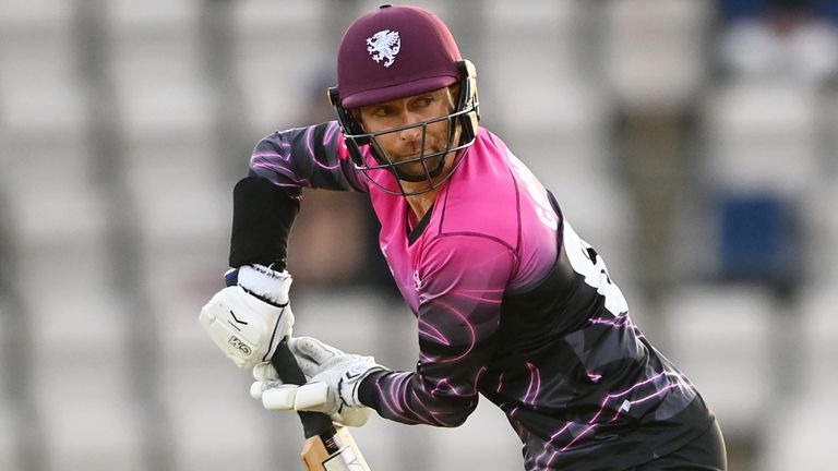SOUTHAMPTON, ENGLAND - JULY 09: Devon Conway of Somerset watches on as he edges behind for 0 during the Vitality T20 Blast match between Hampshire and Somerset at The Ageas Bowl on July 09, 2021 in Southampton, England