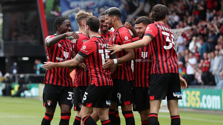 Dominic Solanke is congratulated after his goal