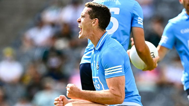 18 July 2021; Brian Fenton of Dublin celebrates after winning a penalty for his side during the Leinster GAA Senior Football Championship Semi-Final match between Dublin and Meath at Croke Park in Dublin. Photo by E..in Noonan/Sportsfile