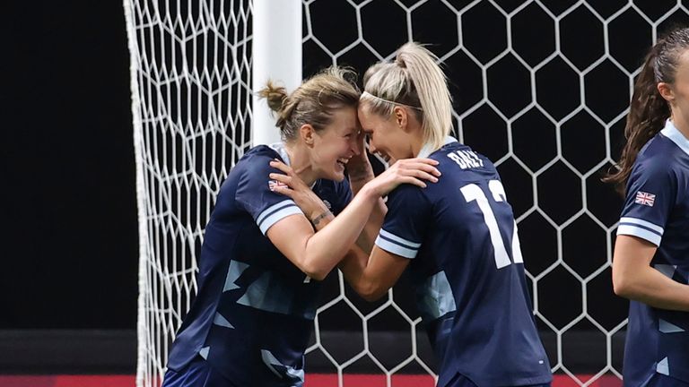 Ellen WHITE (L) of Great Britain celebrates after scoreing her second goal in the second half of 1st League Group E between Great Britain and Chile at Sapporo Dome in Sapporo, Hokkaido Prefecture on July 21, 2021.