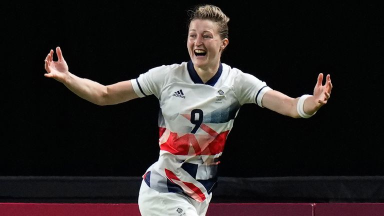Britain&#39;s Ellen White celebrates scoring her side&#39;s opening goal during a women&#39;s soccer match against Japan at the 2020 Summer Olympics, Saturday, July 24, 2021, in Sapporo, Japan.